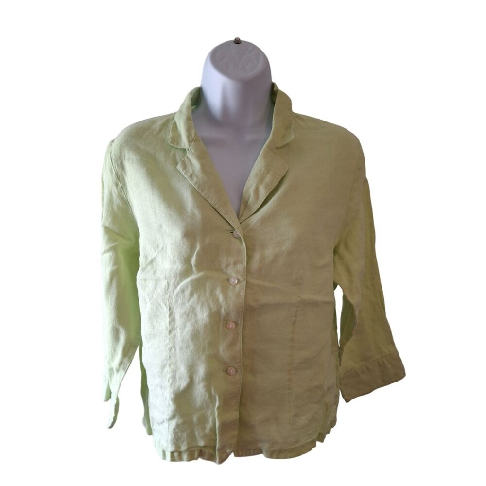 Talbots Women Button Up Shirt Petite 12 Light Green 100% Linen 3/4 Sleeve Preppy